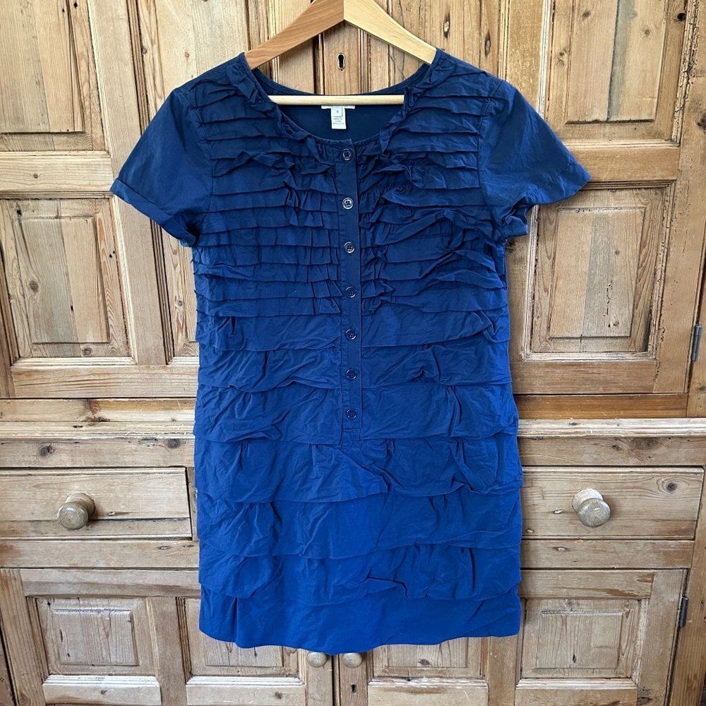 J. Crew 6 Dress‎ Navy Blue Ruffles Short Sleeve Button Crewneck Layered